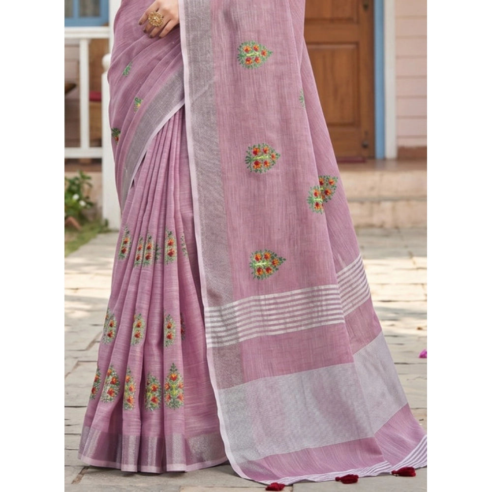 Women's Linen Embroidered Saree — Light Purple