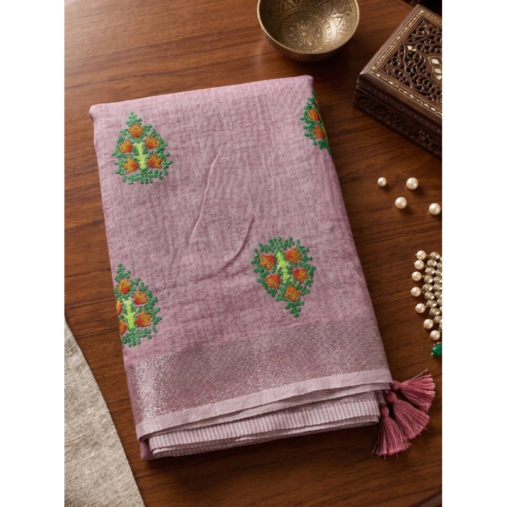 Women's Linen Embroidered Saree — Light Purple