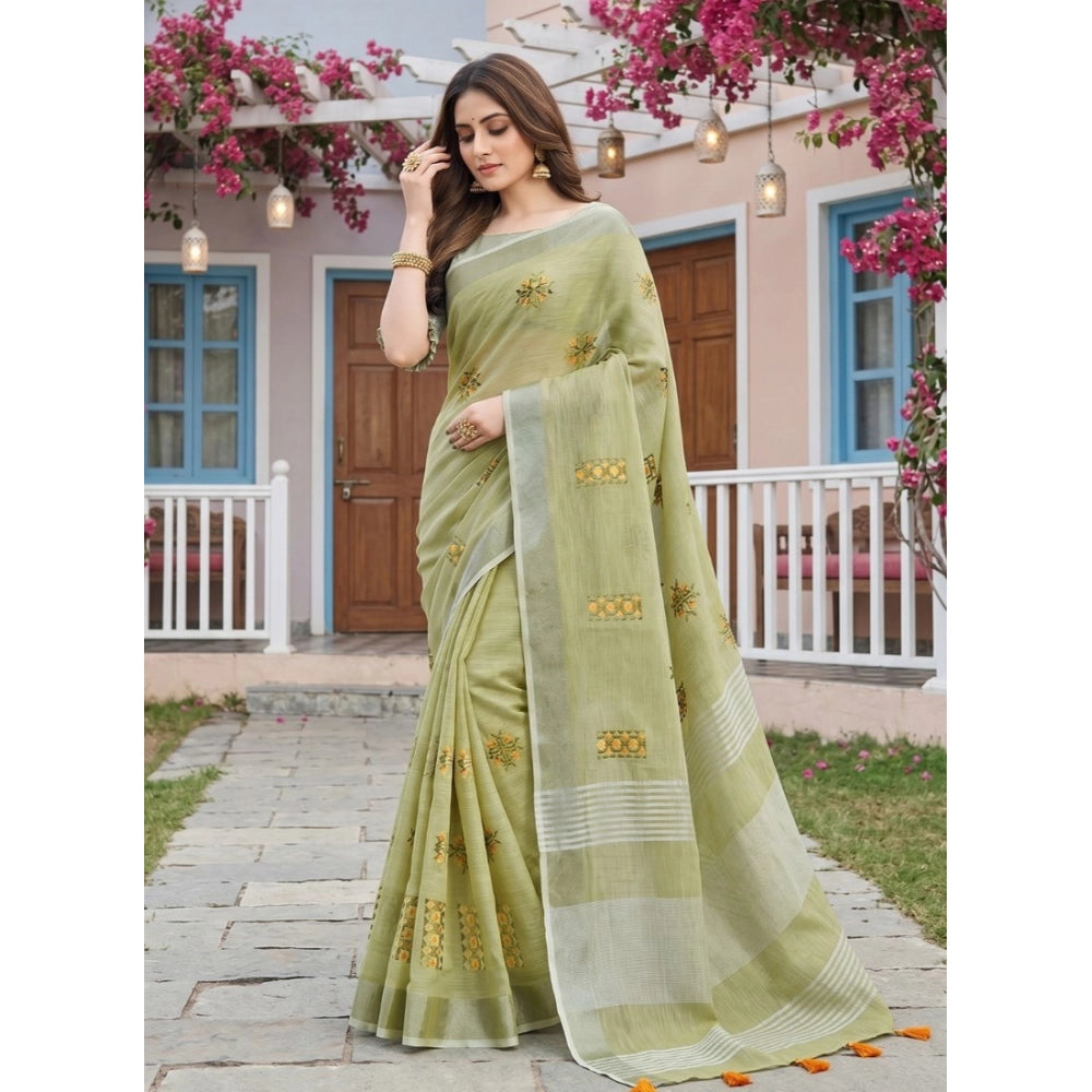 Women's Linen Embroidered Saree — Light Green