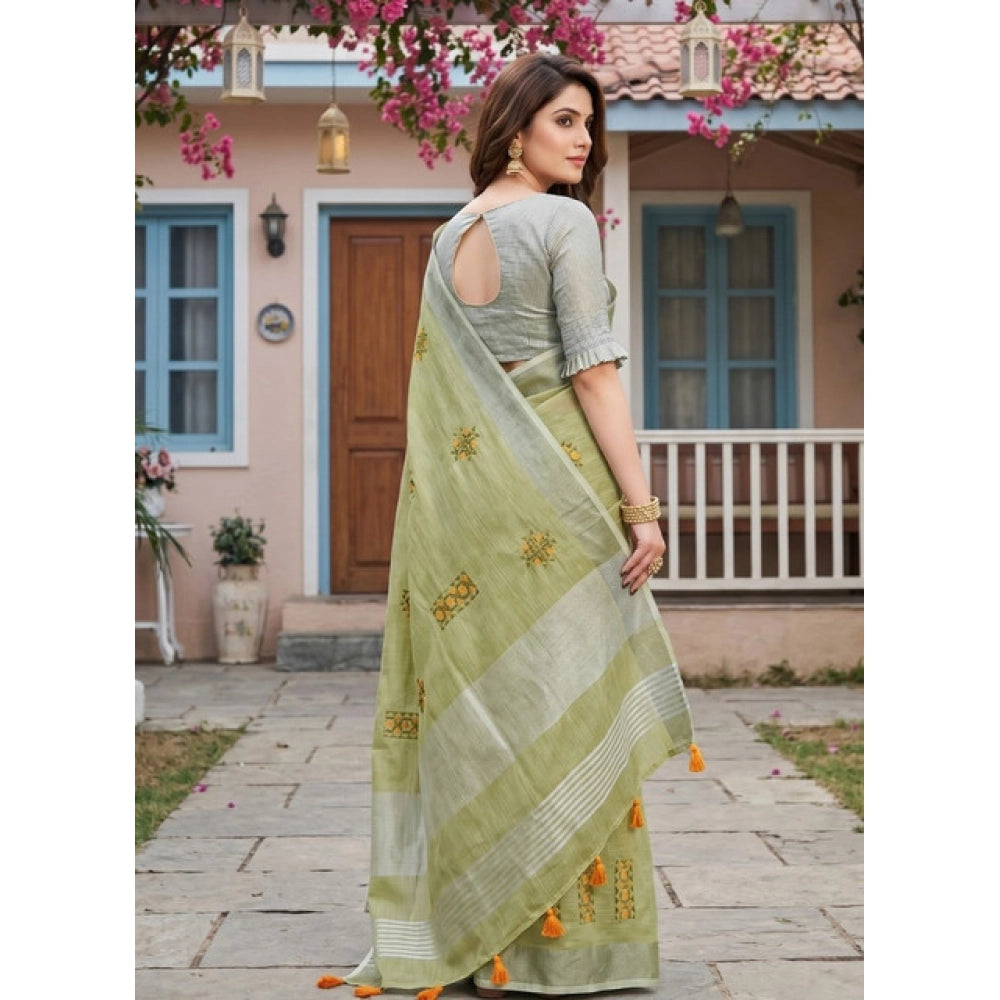 Women's Linen Embroidered Saree — Light Green