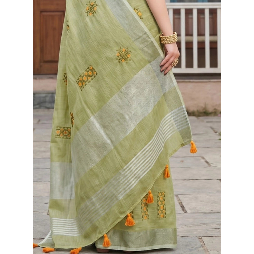 Women's Linen Embroidered Saree — Light Green