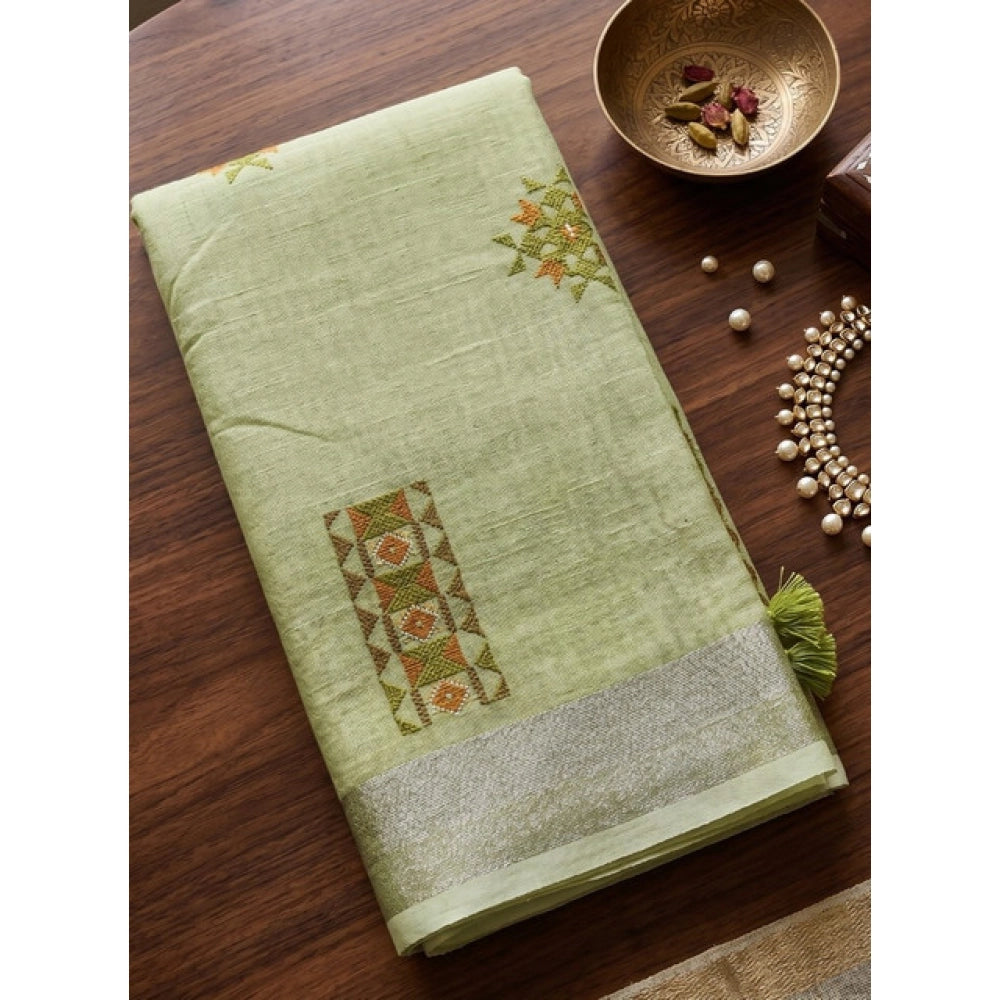 Women's Linen Embroidered Saree — Light Green