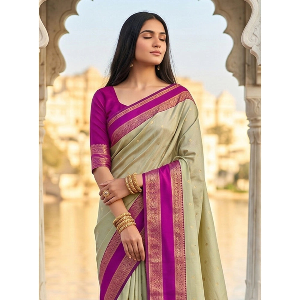 Women's Silk Blend Printed Saree — Light Green-Pink