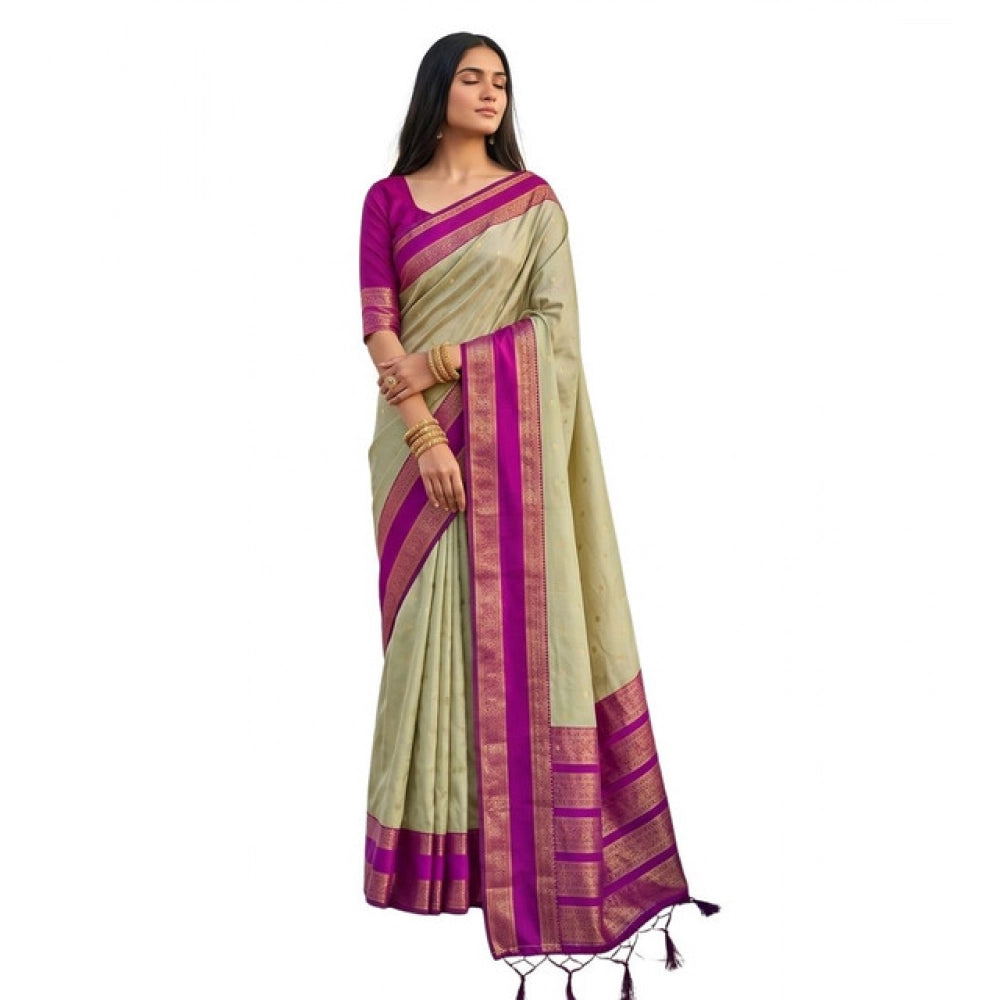 Women's Silk Blend Printed Saree — Light Green-Pink