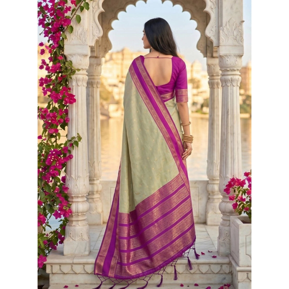 Women's Silk Blend Printed Saree — Light Green-Pink