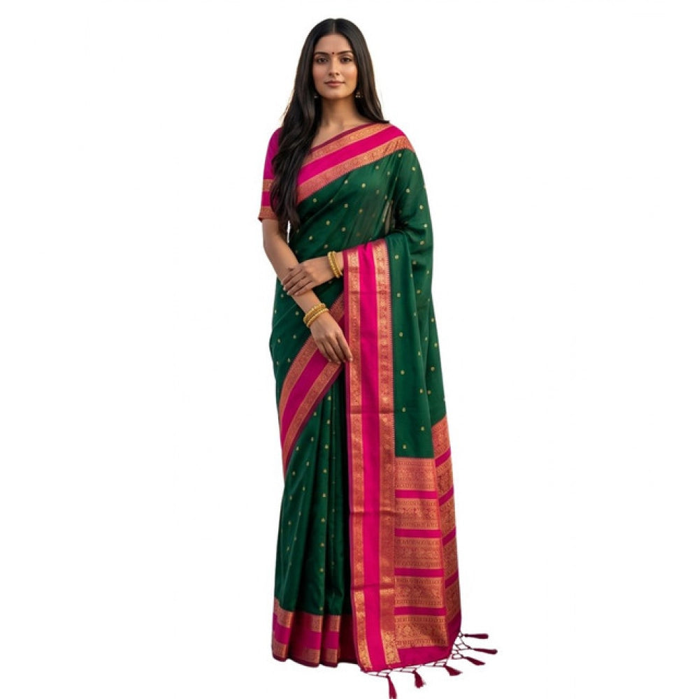 Women's Silk Blend Printed Saree — Dark Green-Pink