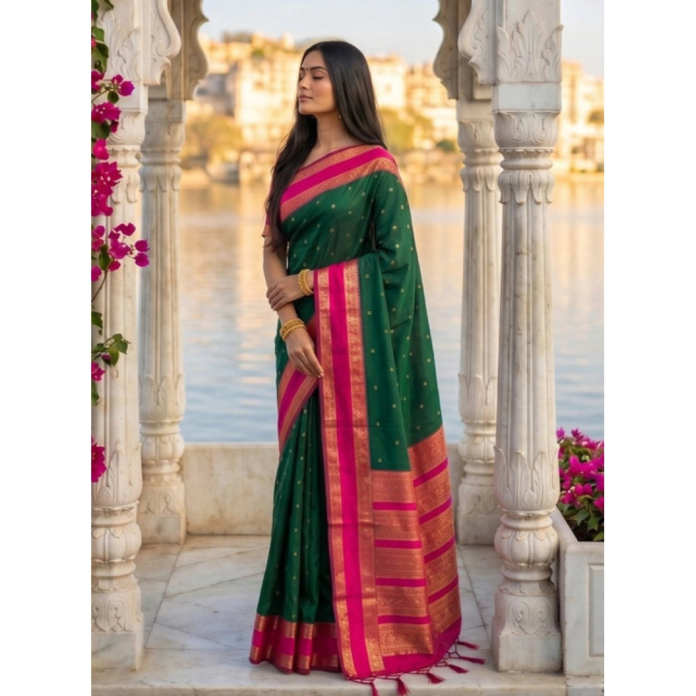 Women's Silk Blend Printed Saree — Dark Green-Pink
