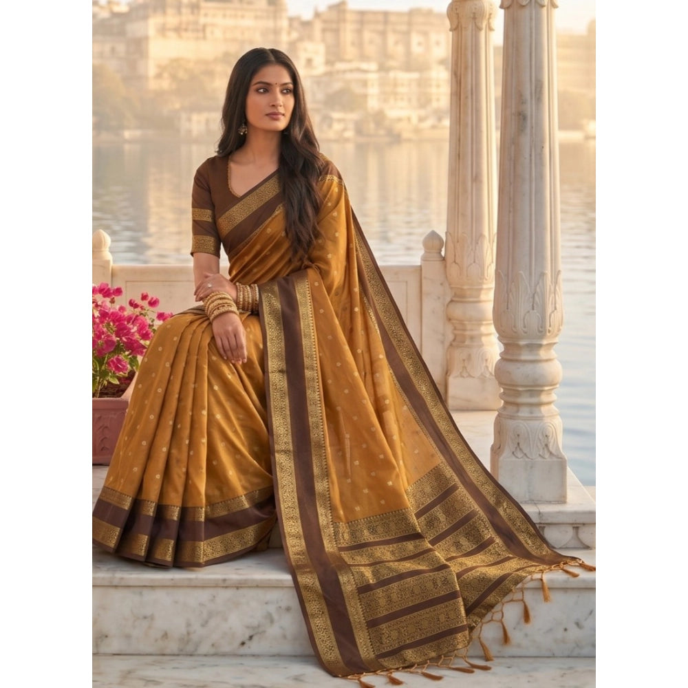 Women's Silk Blend Printed Saree — Mustard-Brown