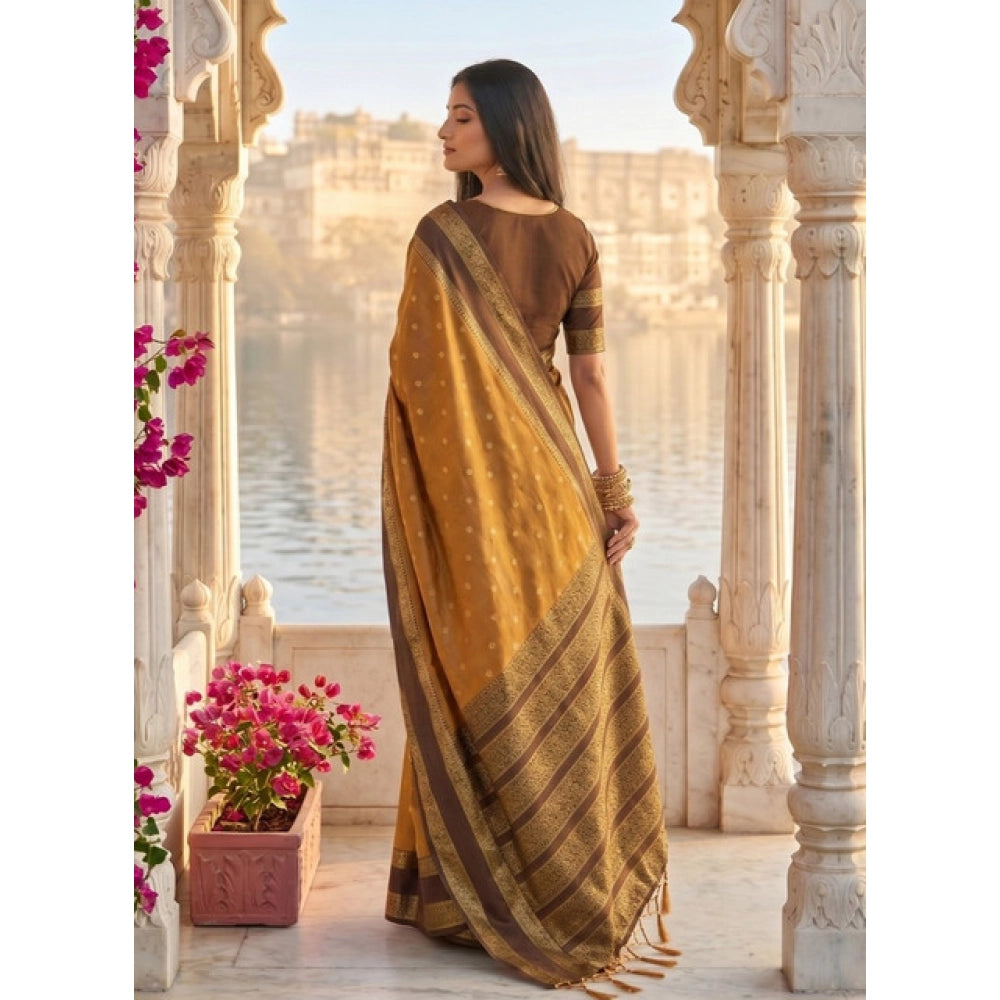 Women's Silk Blend Printed Saree — Mustard-Brown
