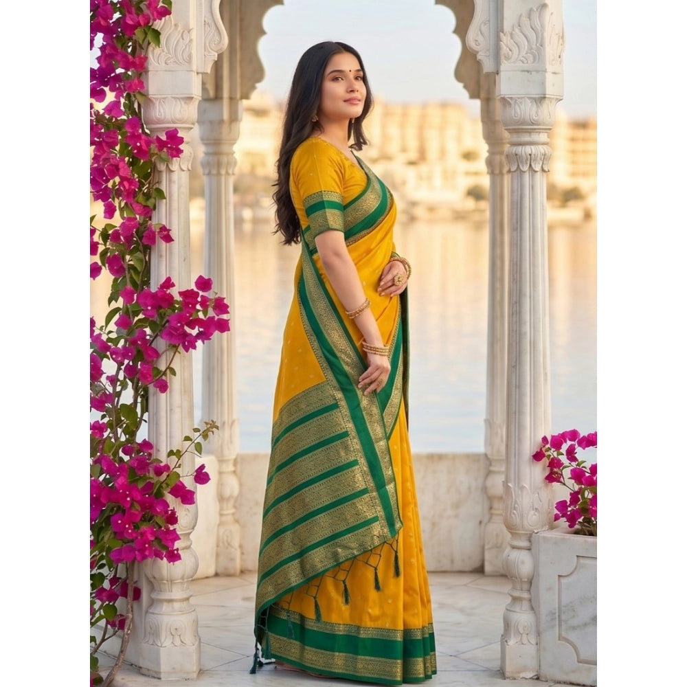 Women's Silk Blend Printed Saree — Yellow-Green