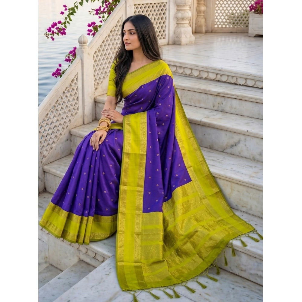 Women's Silk Blend Printed Saree — Purple-Green
