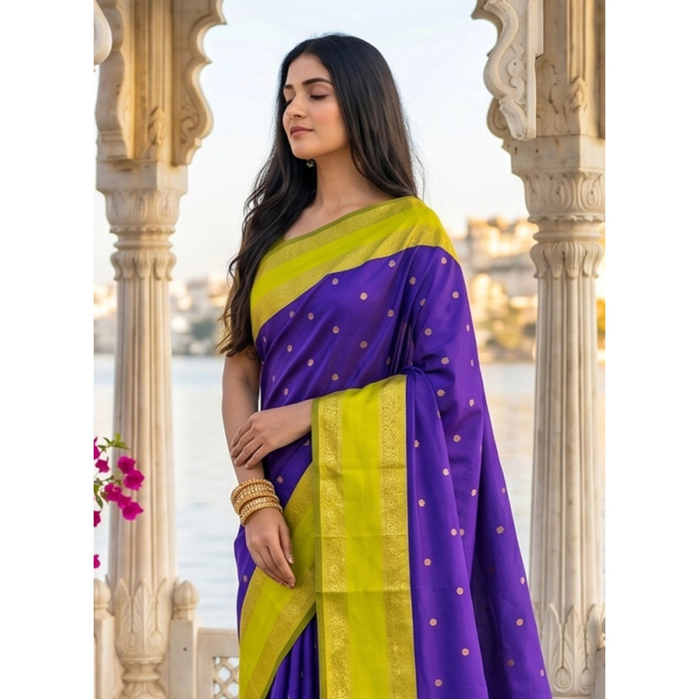 Women's Silk Blend Printed Saree — Purple-Green