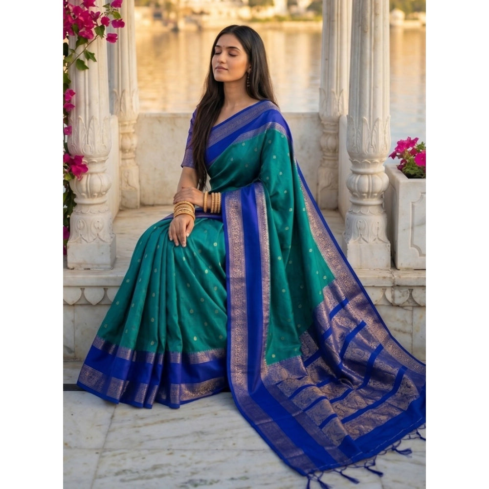 Women's Silk Blend Printed Saree — Teal-Blue
