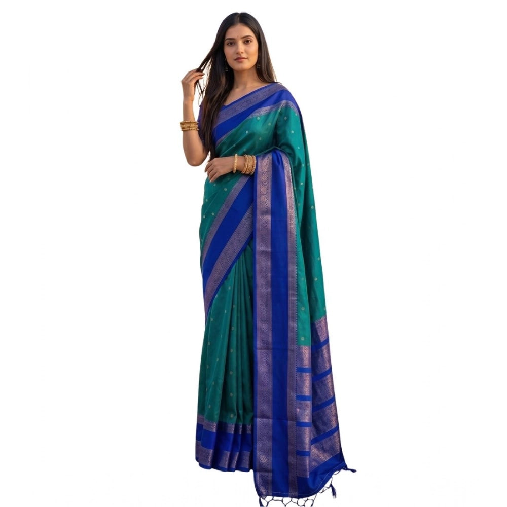 Women's Silk Blend Printed Saree — Teal-Blue
