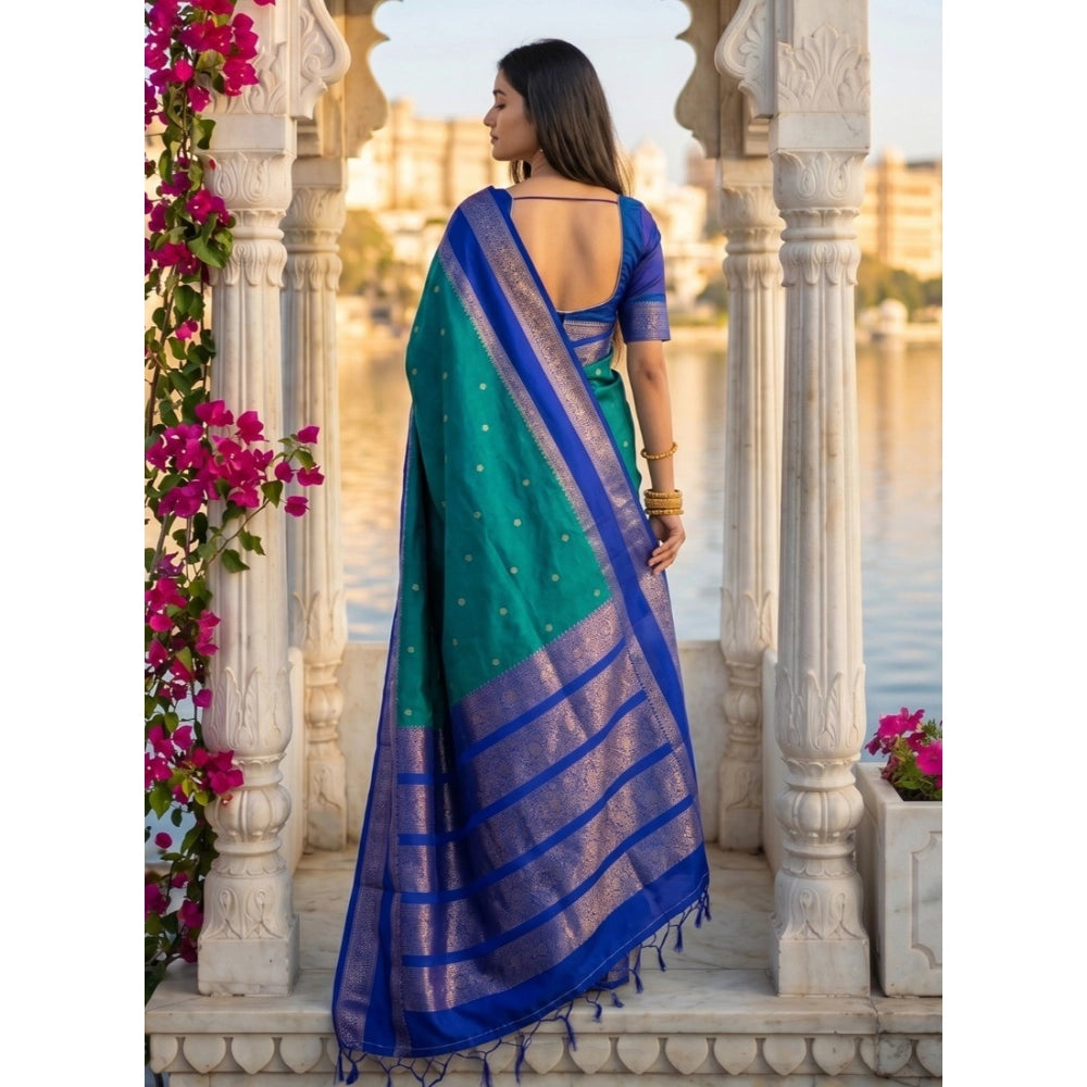 Women's Silk Blend Printed Saree — Teal-Blue
