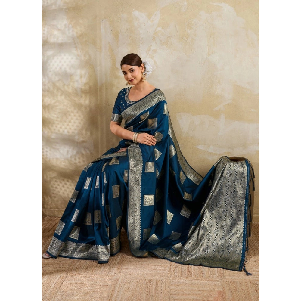 Women's Silk Blend Printed Saree — Teal Blue · 2523