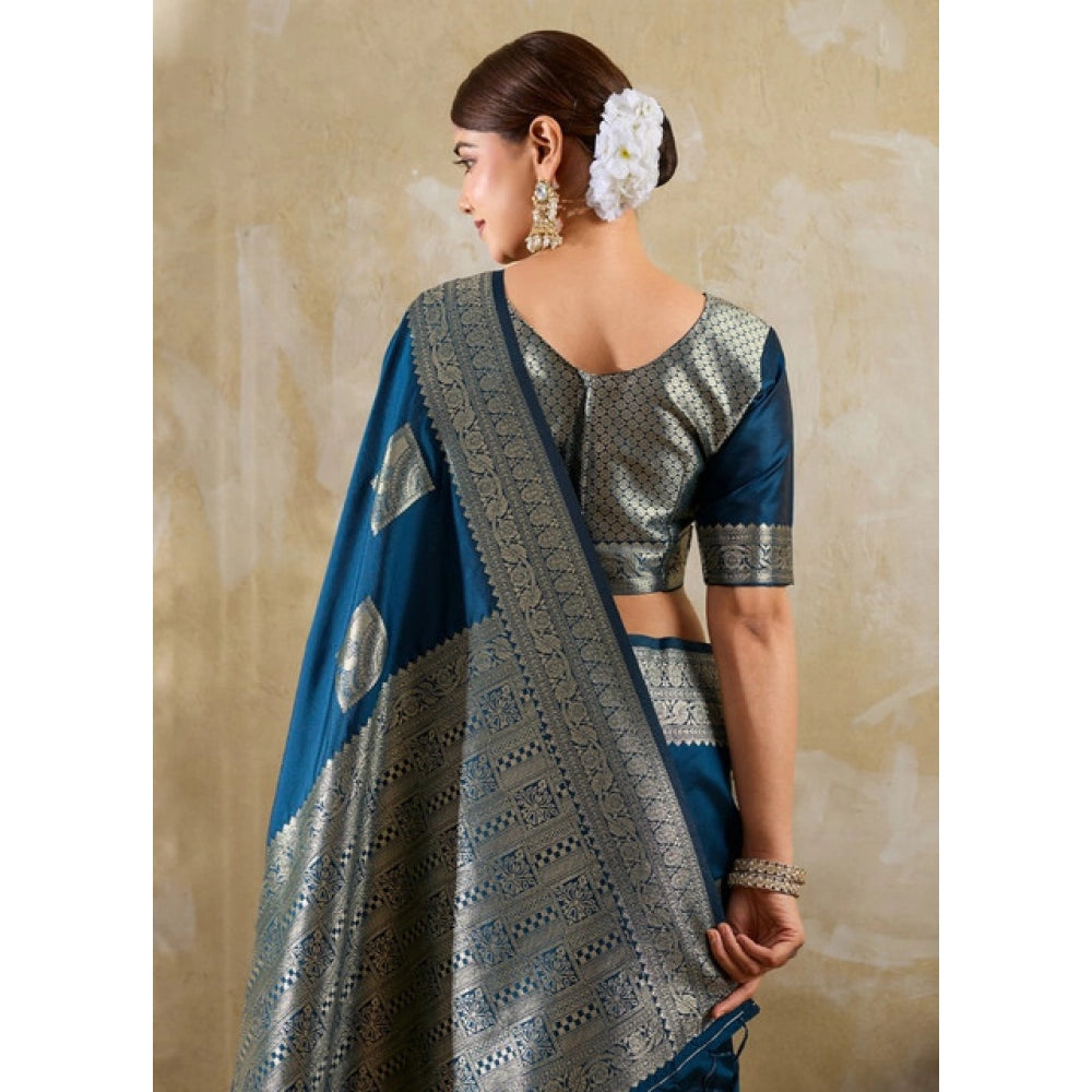 Women's Silk Blend Printed Saree — Teal Blue · 2523