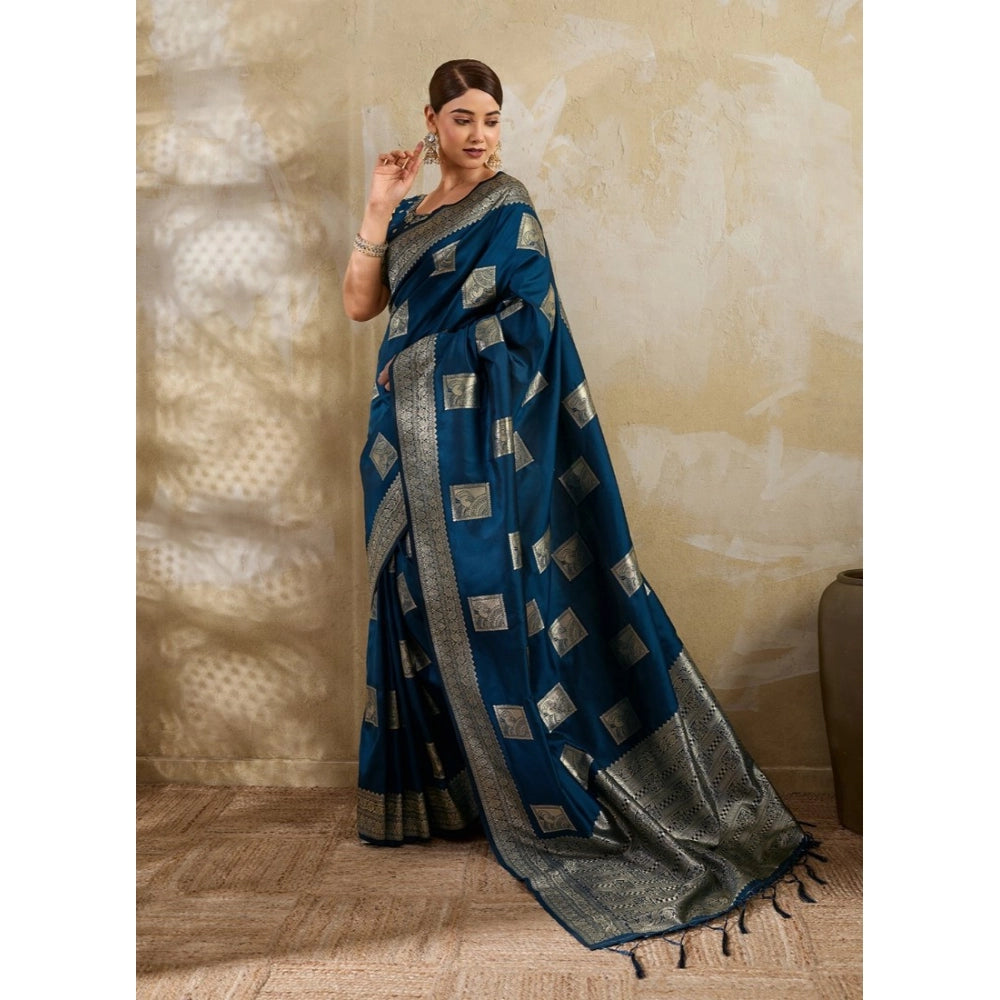 Women's Silk Blend Printed Saree — Teal Blue · 2523