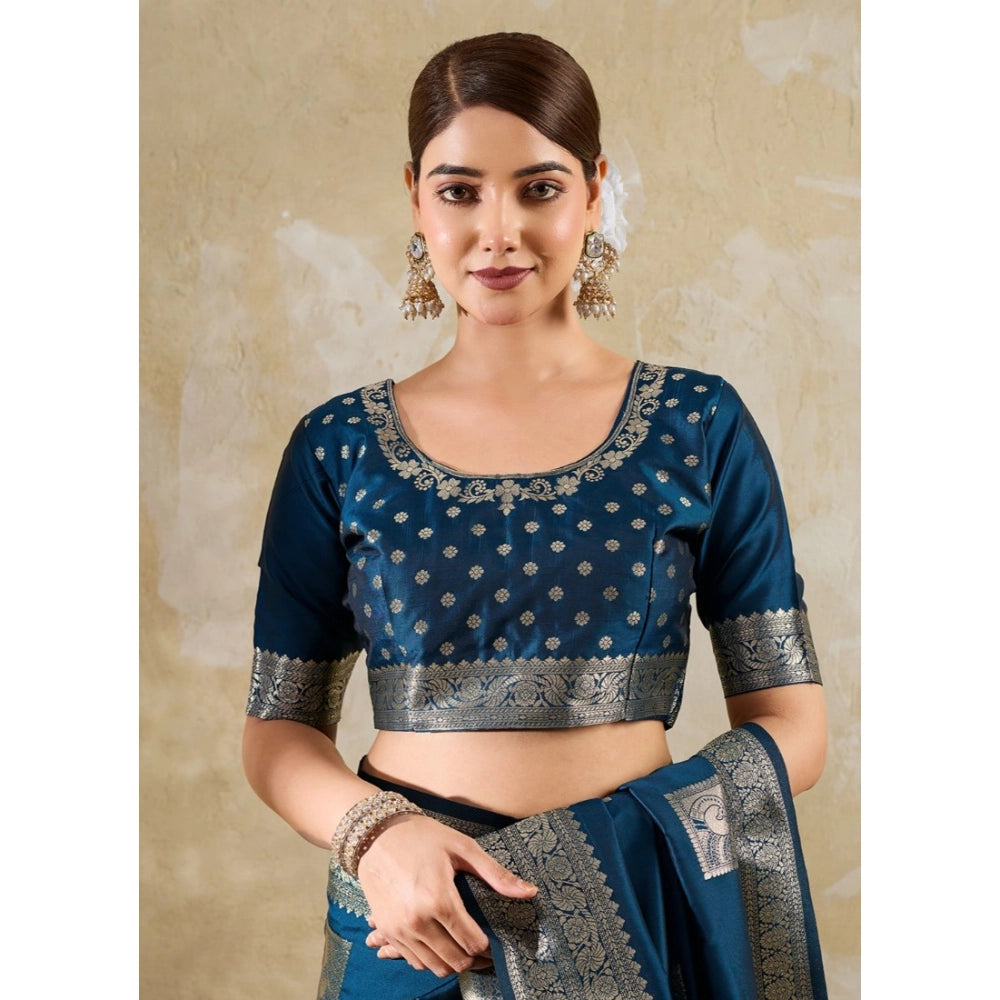 Women's Silk Blend Printed Saree — Teal Blue · 2523