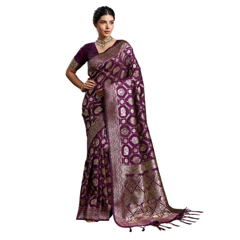 Women's Silk Blend Printed Saree — Wine · 2528