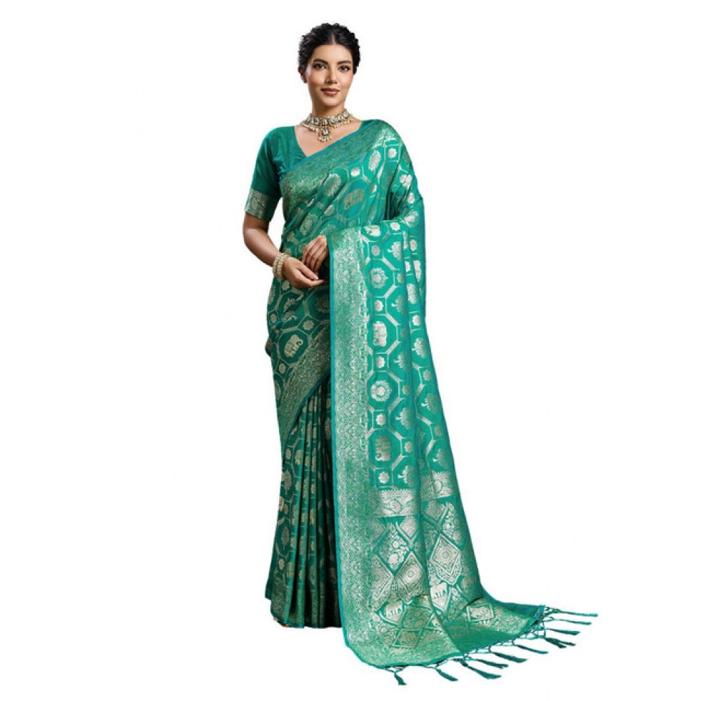 Women's Silk Blend Printed Saree — Rama Green