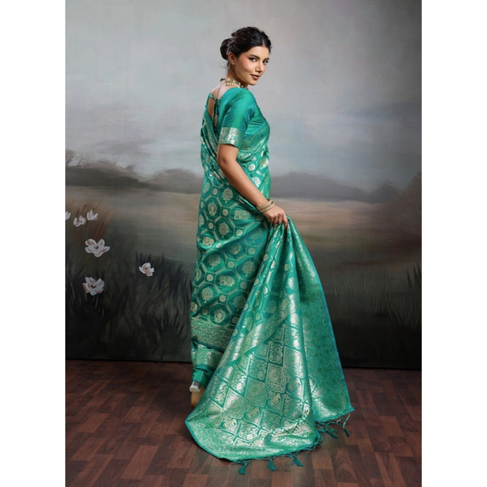 Women's Silk Blend Printed Saree — Rama Green