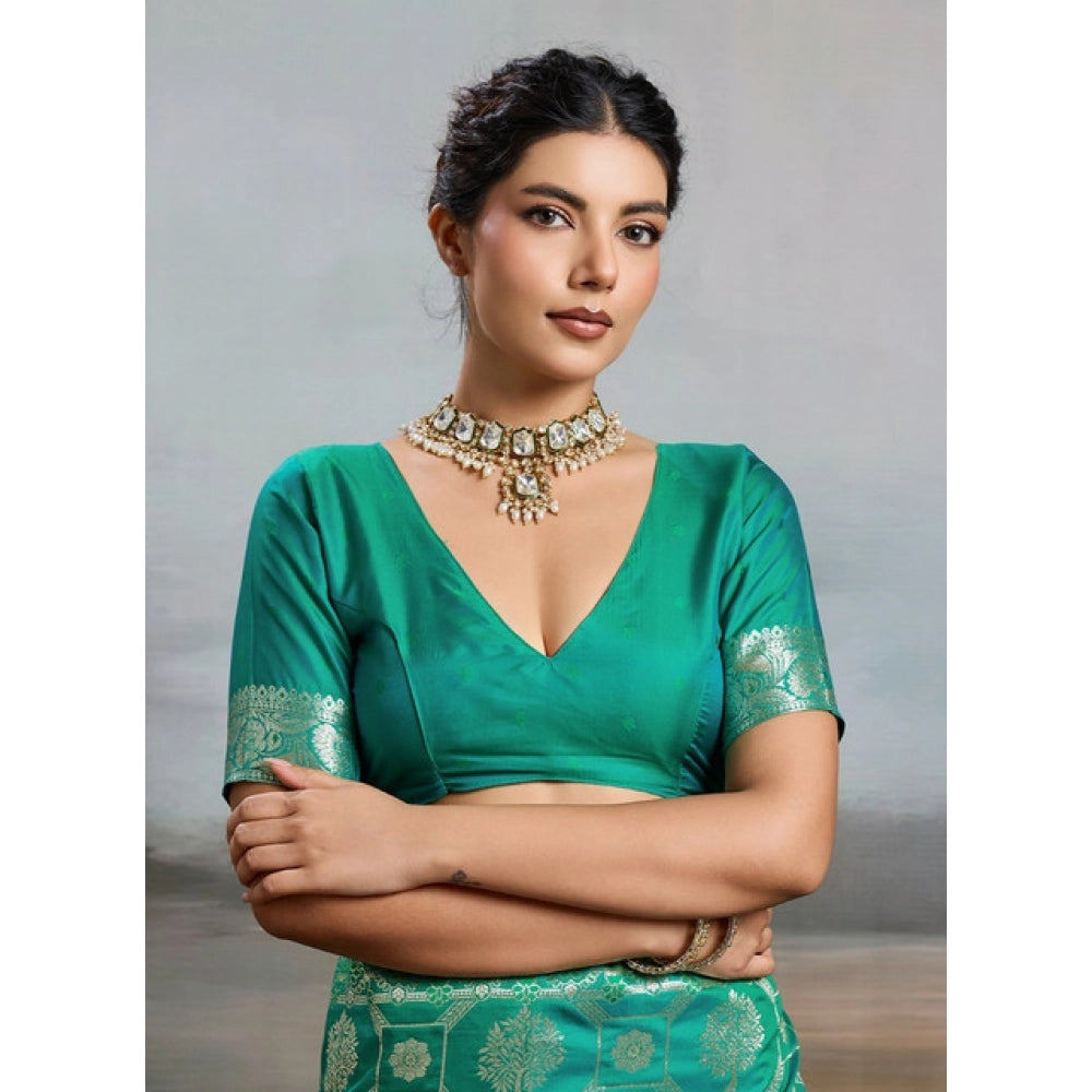 Women's Silk Blend Printed Saree — Rama Green