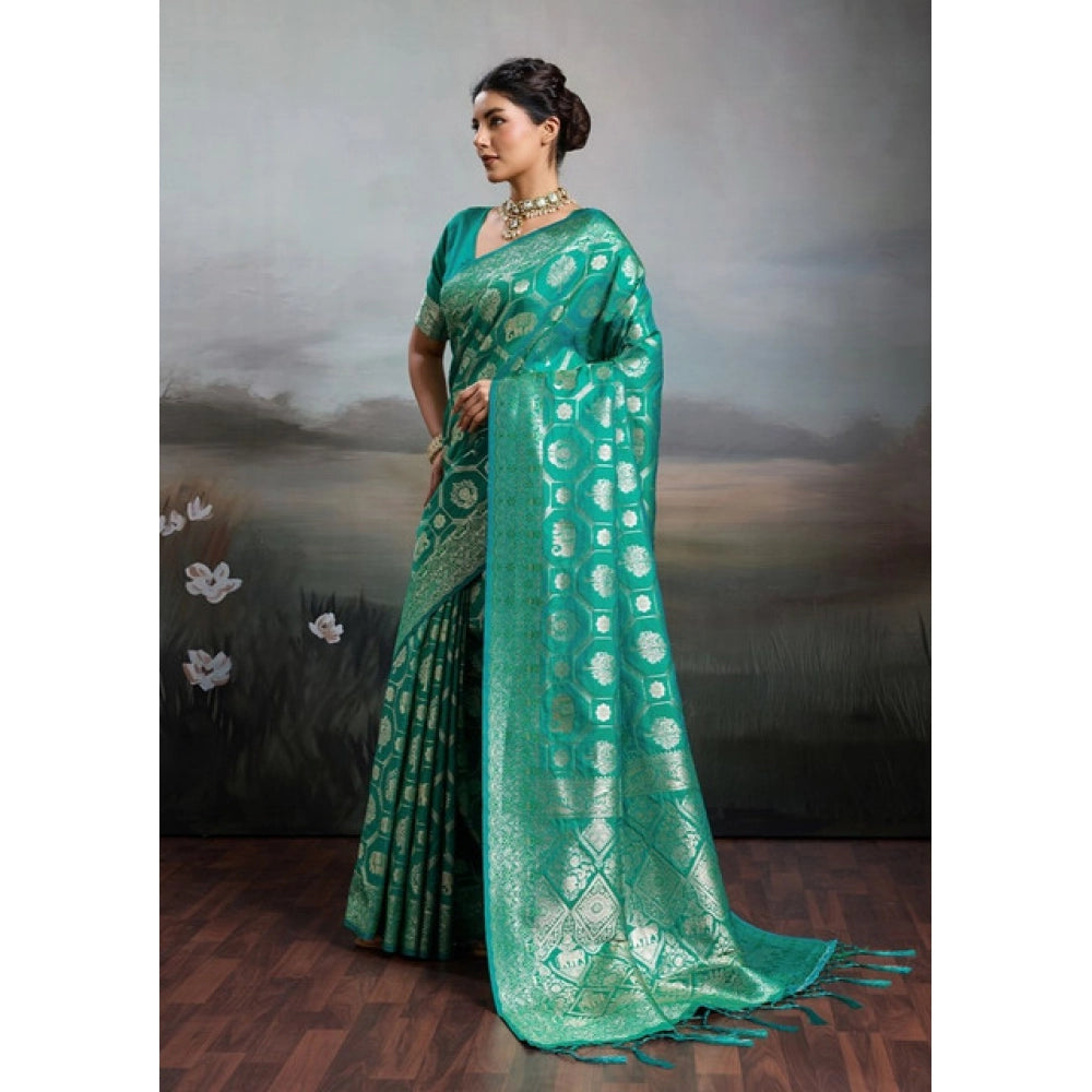 Women's Silk Blend Printed Saree — Rama Green