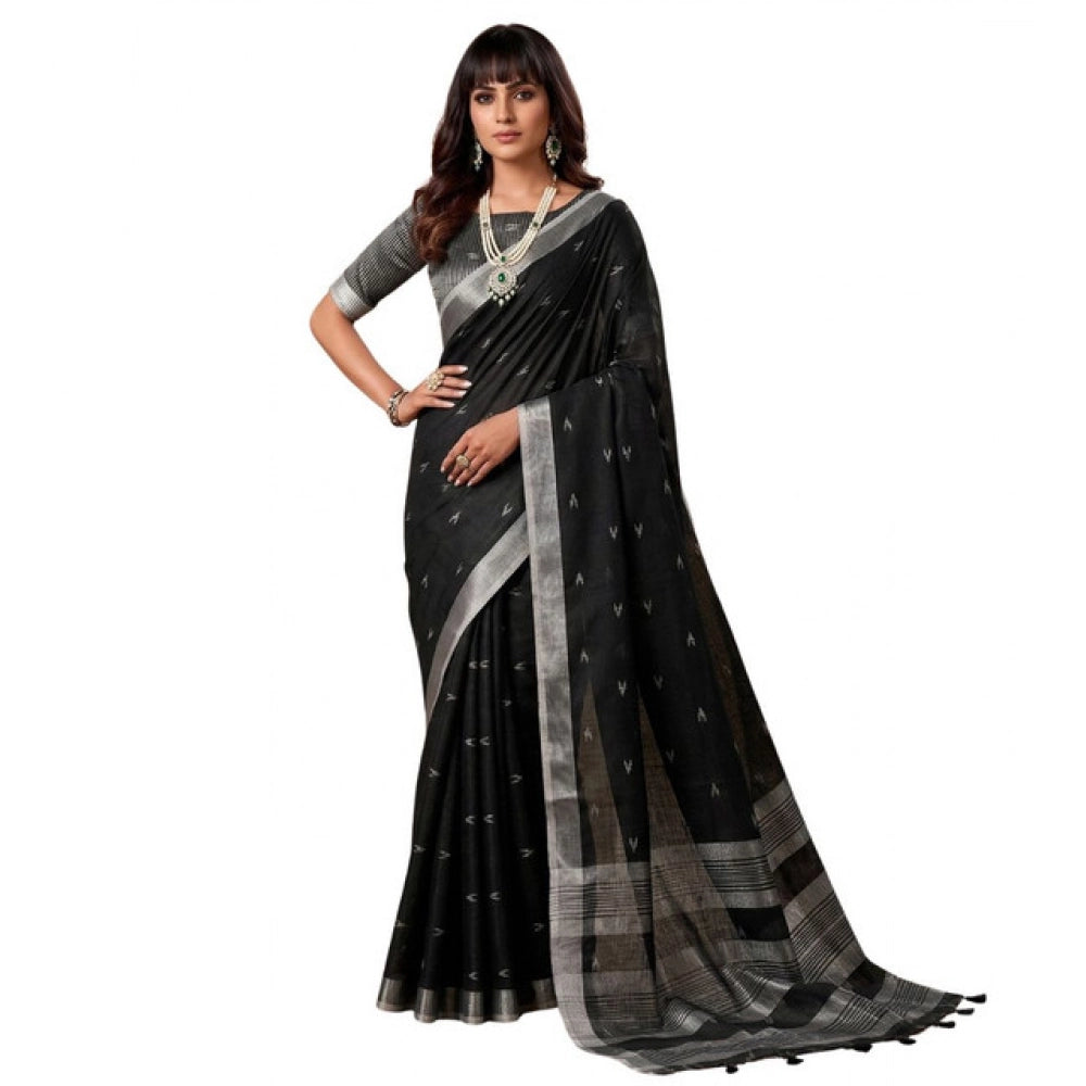 Women's Linen Cotton Printed Saree — Black · 2531