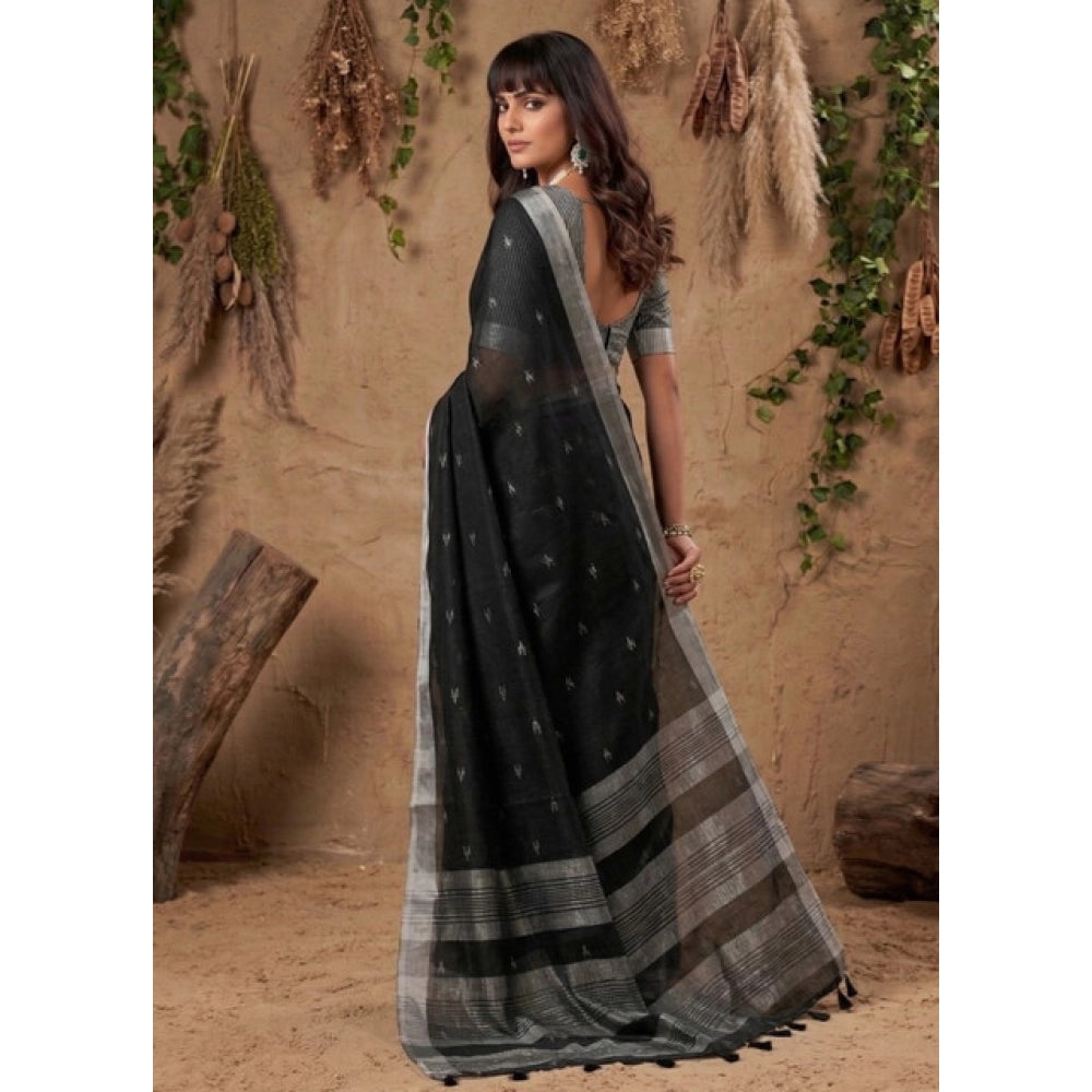 Women's Linen Cotton Printed Saree — Black · 2531