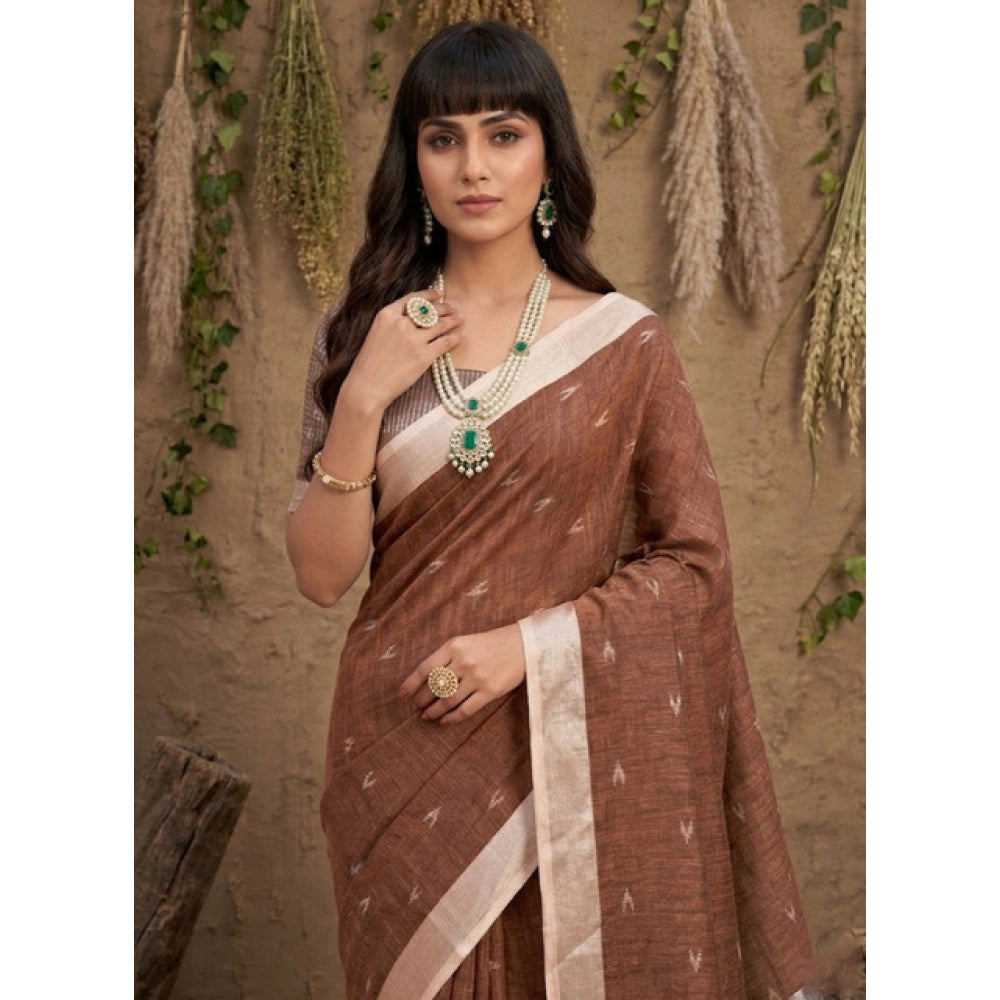 Women's Linen Cotton Printed Saree — Brown · 2532