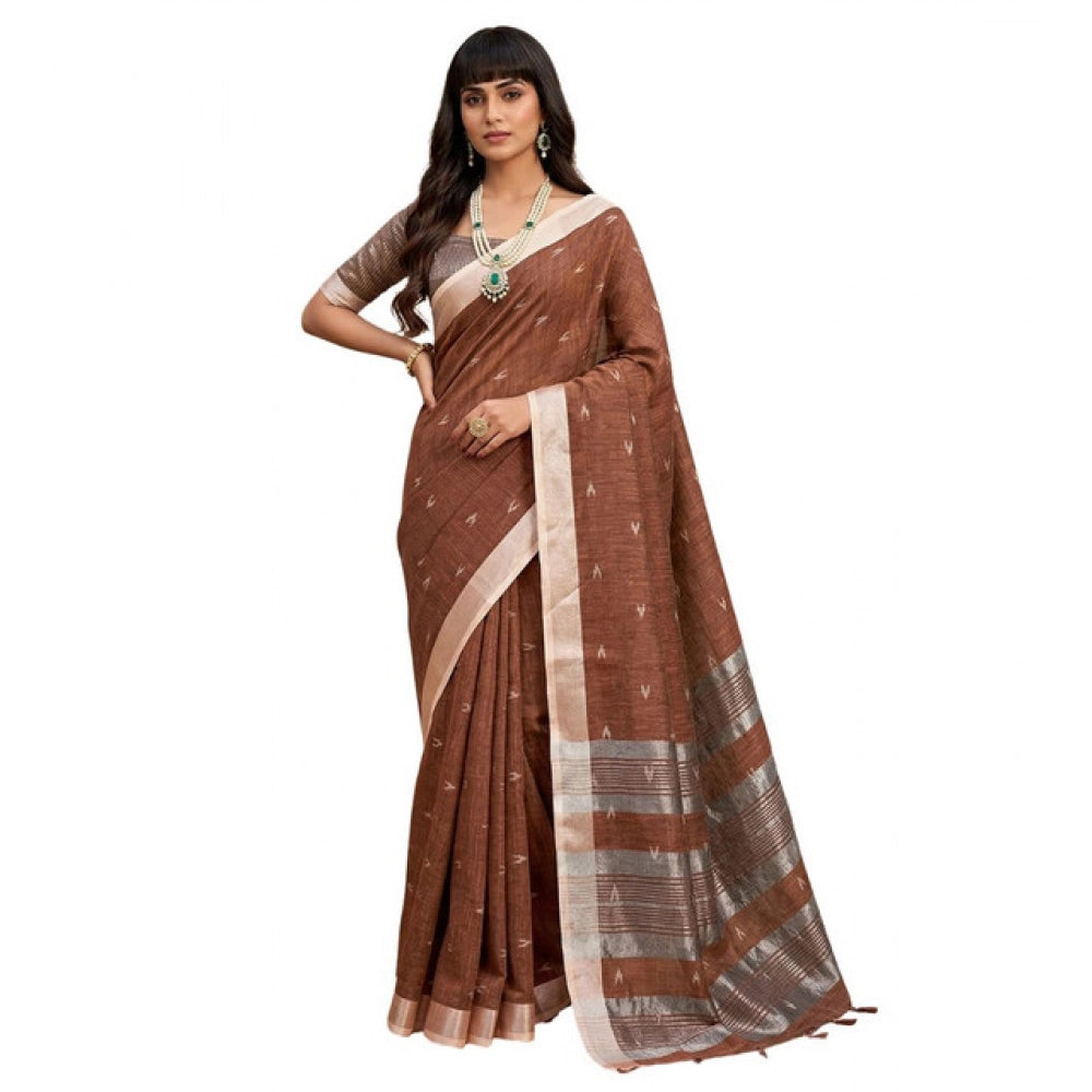 Women's Linen Cotton Printed Saree — Brown · 2532