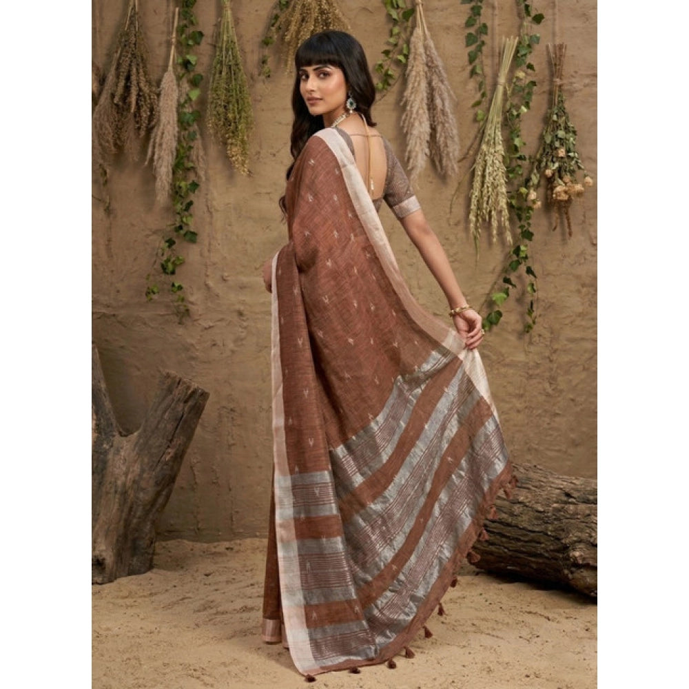 Women's Linen Cotton Printed Saree — Brown · 2532