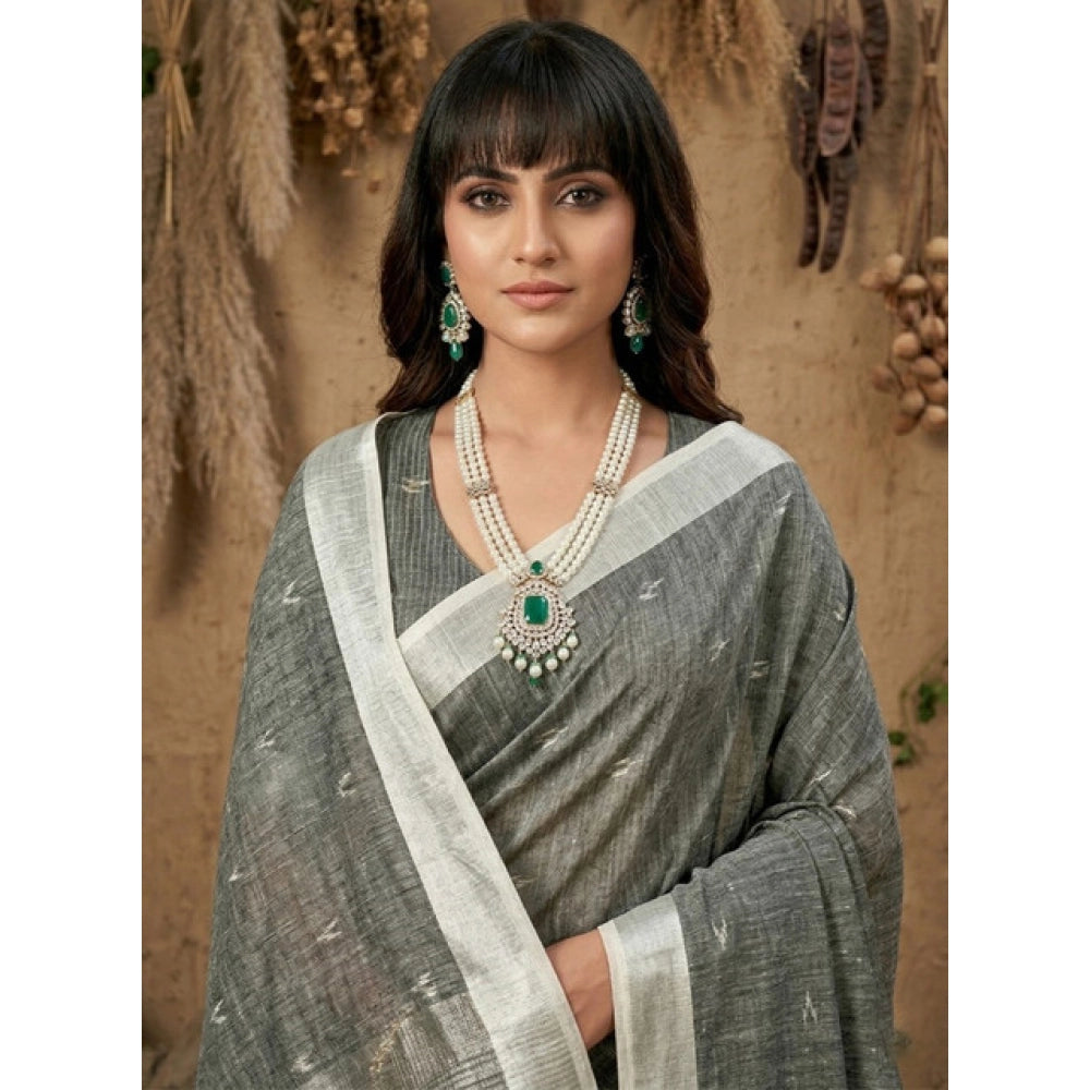 Women's Linen Cotton Printed Saree — Gray