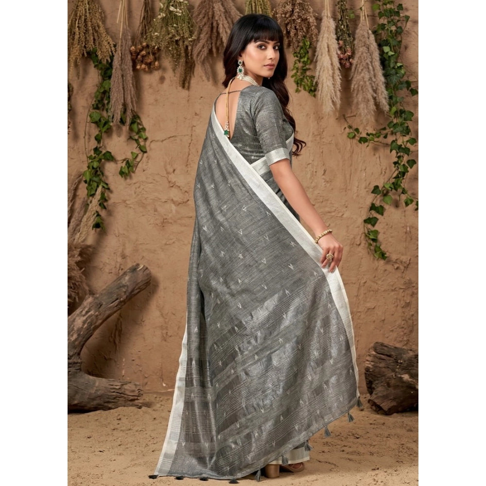 Women's Linen Cotton Printed Saree — Gray