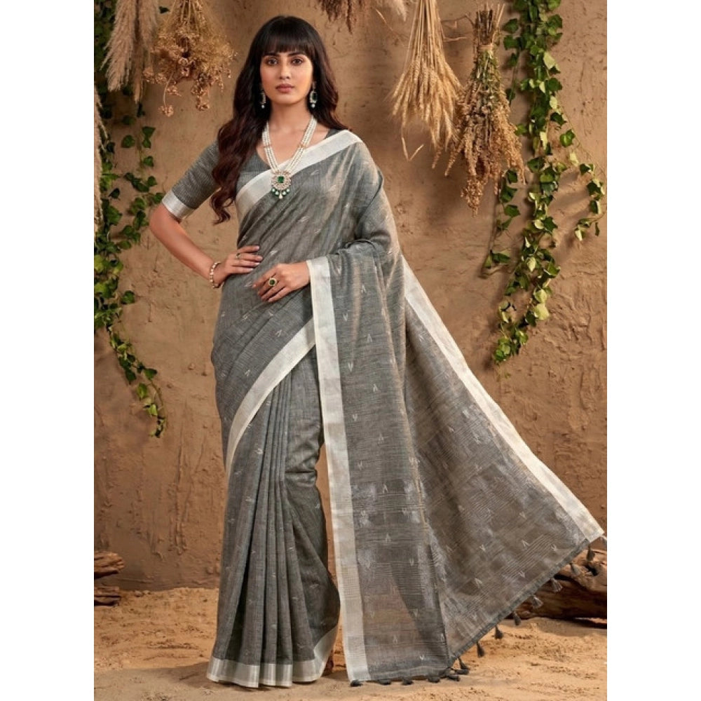 Women's Linen Cotton Printed Saree — Gray