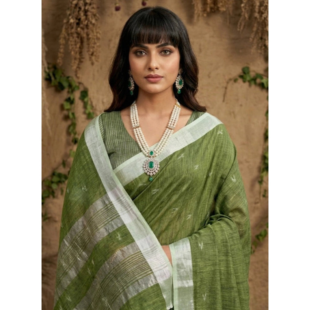 Women's Linen Cotton Printed Saree — Green · 2535