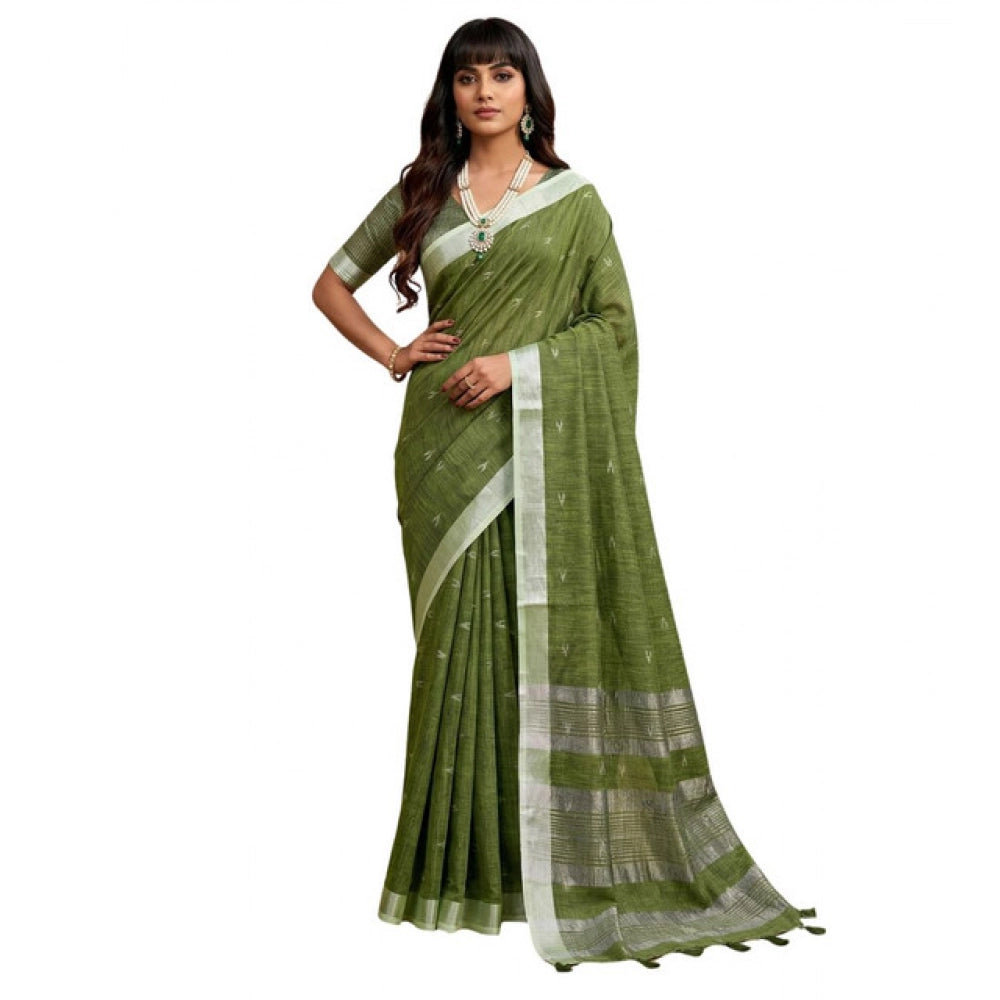 Women's Linen Cotton Printed Saree — Green · 2535