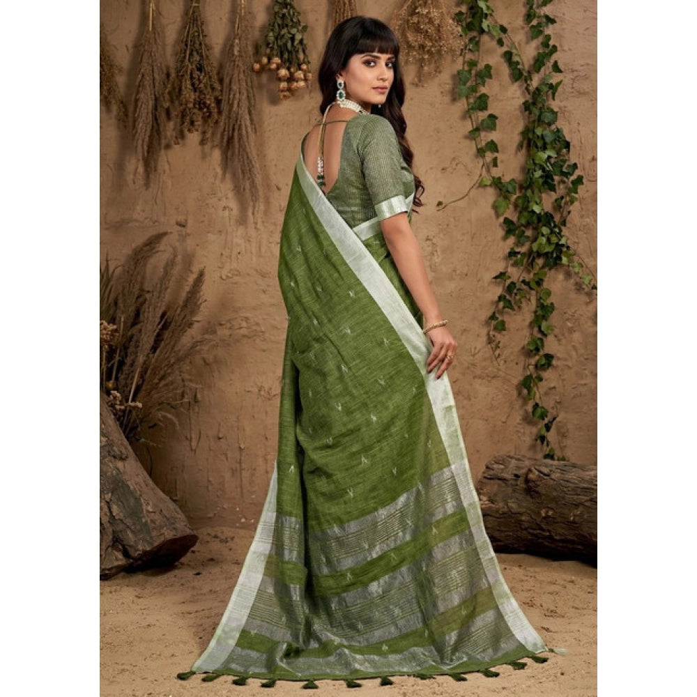 Women's Linen Cotton Printed Saree — Green · 2535