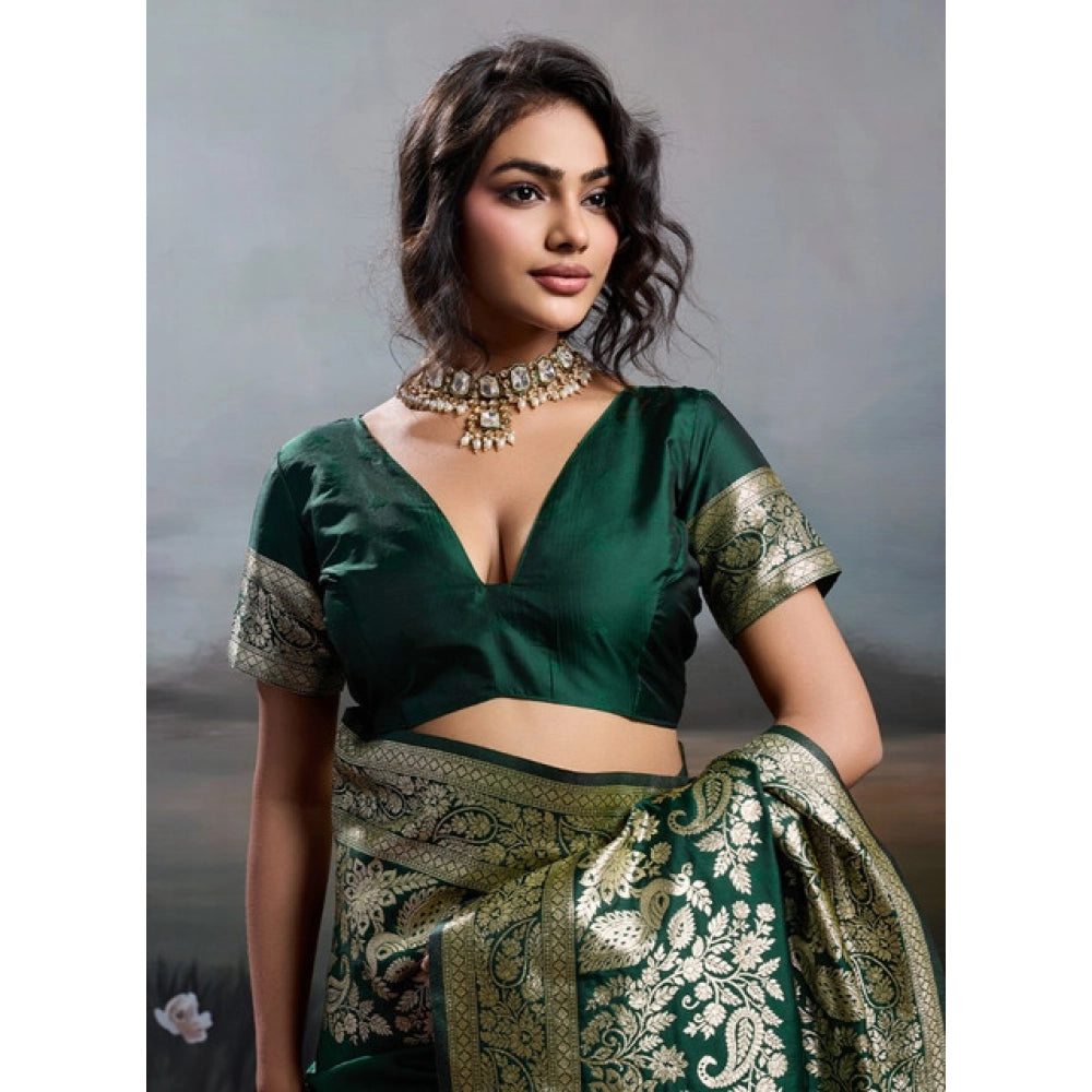 Women's Silk Blend Printed Saree — Dark Green · 2536