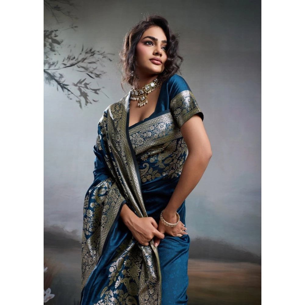 Women's Silk Blend Printed Saree — Navy Blue · 2538