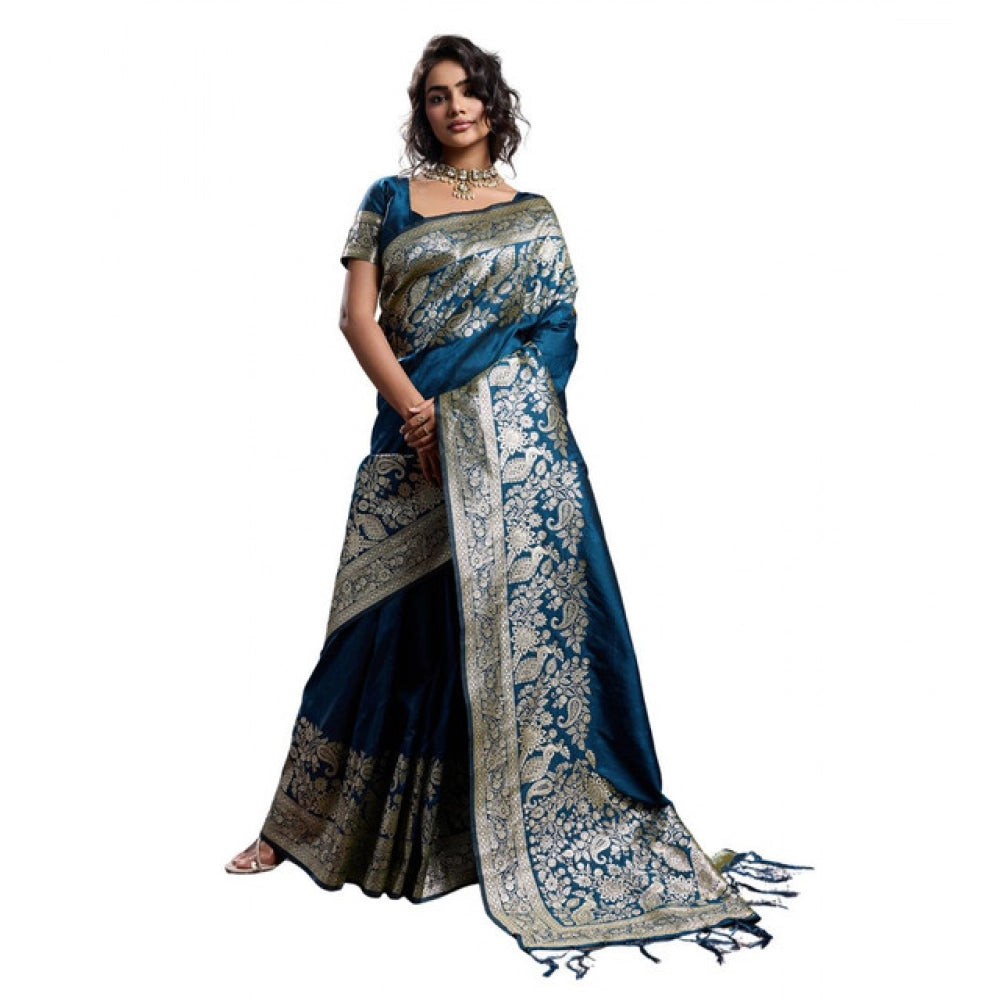 Women's Silk Blend Printed Saree — Navy Blue · 2538