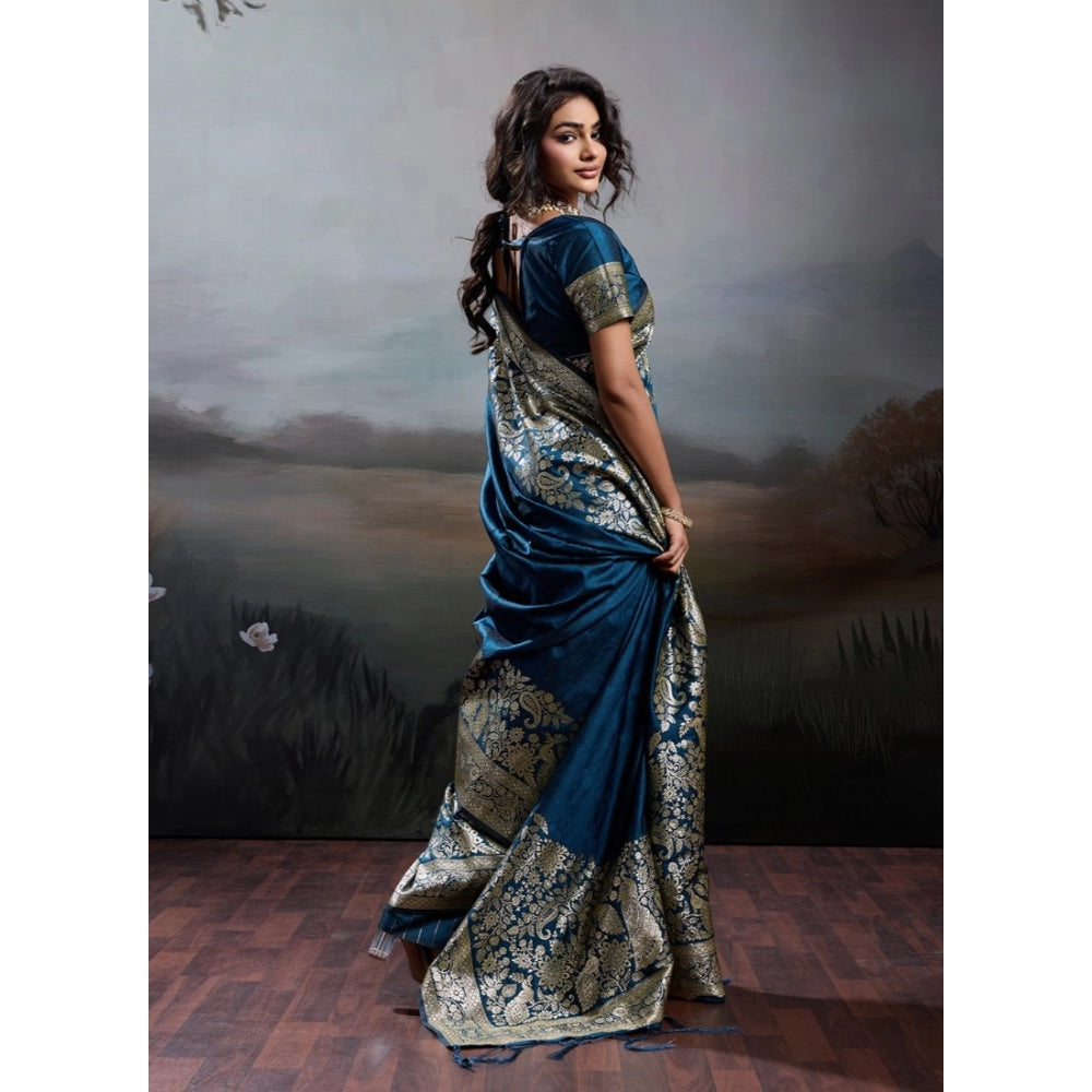 Women's Silk Blend Printed Saree — Navy Blue · 2538