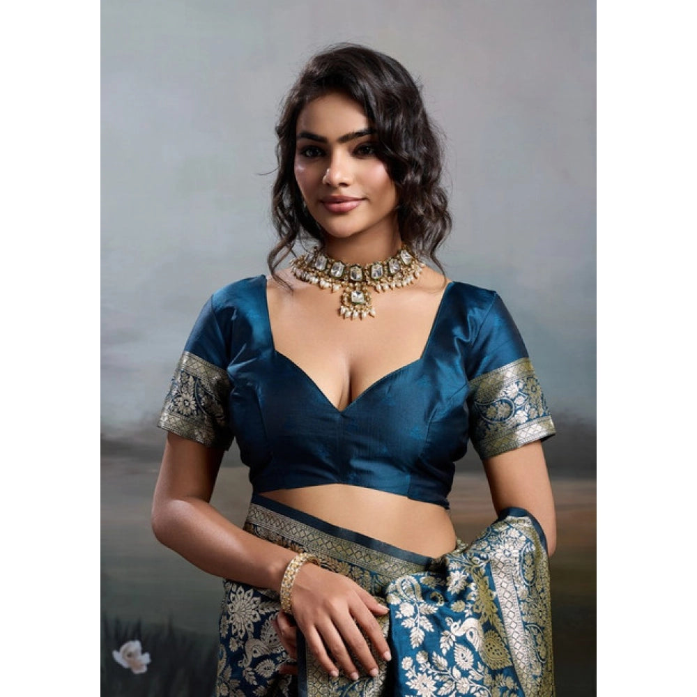 Women's Silk Blend Printed Saree — Navy Blue · 2538