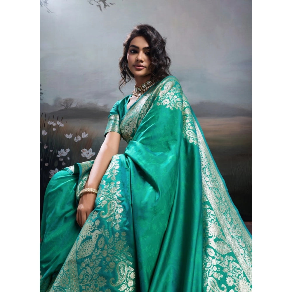 Women's Silk Blend Printed Saree — Teal Green