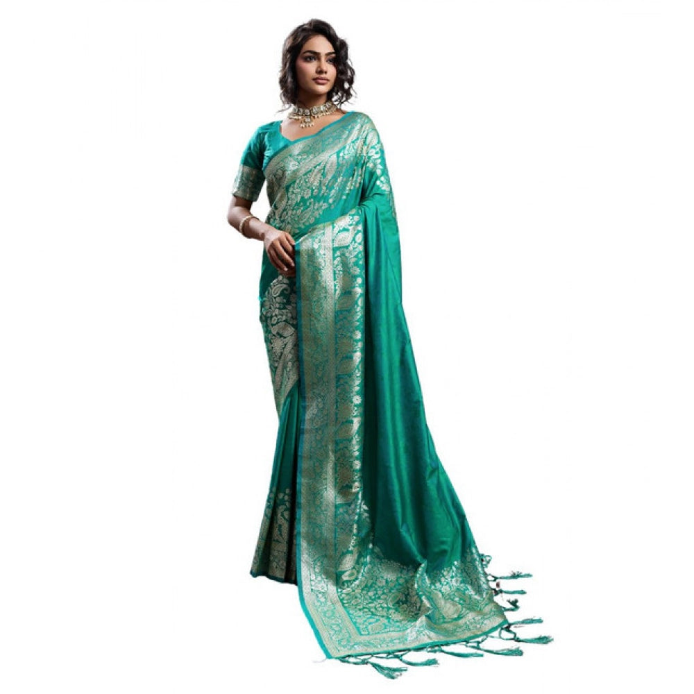 Women's Silk Blend Printed Saree — Teal Green
