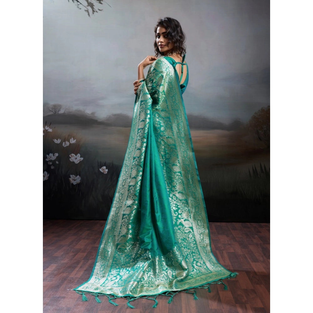 Women's Silk Blend Printed Saree — Teal Green