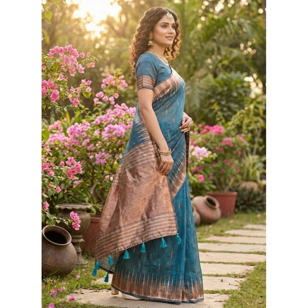 Women's Linen Cotton Printed Saree — Blue · 2555
