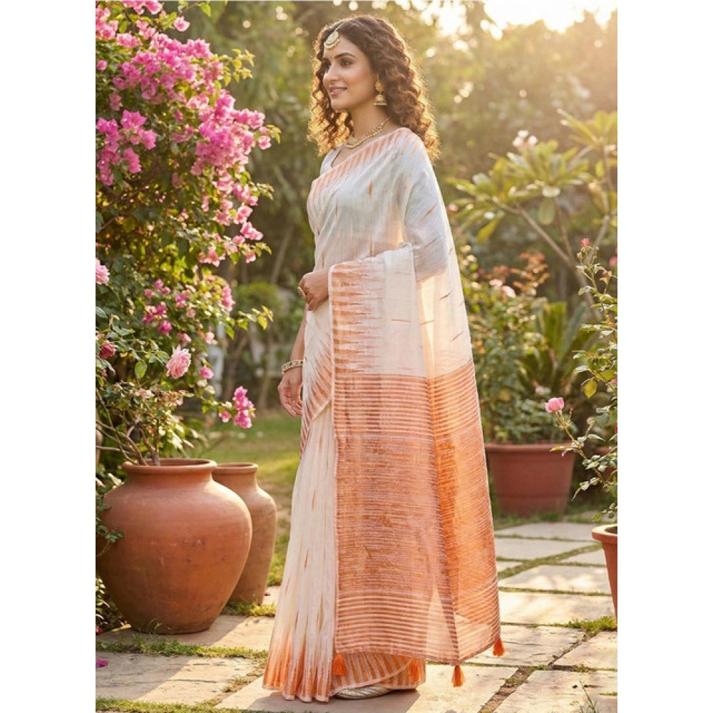 Women's Linen Cotton Printed Saree — White · 2556