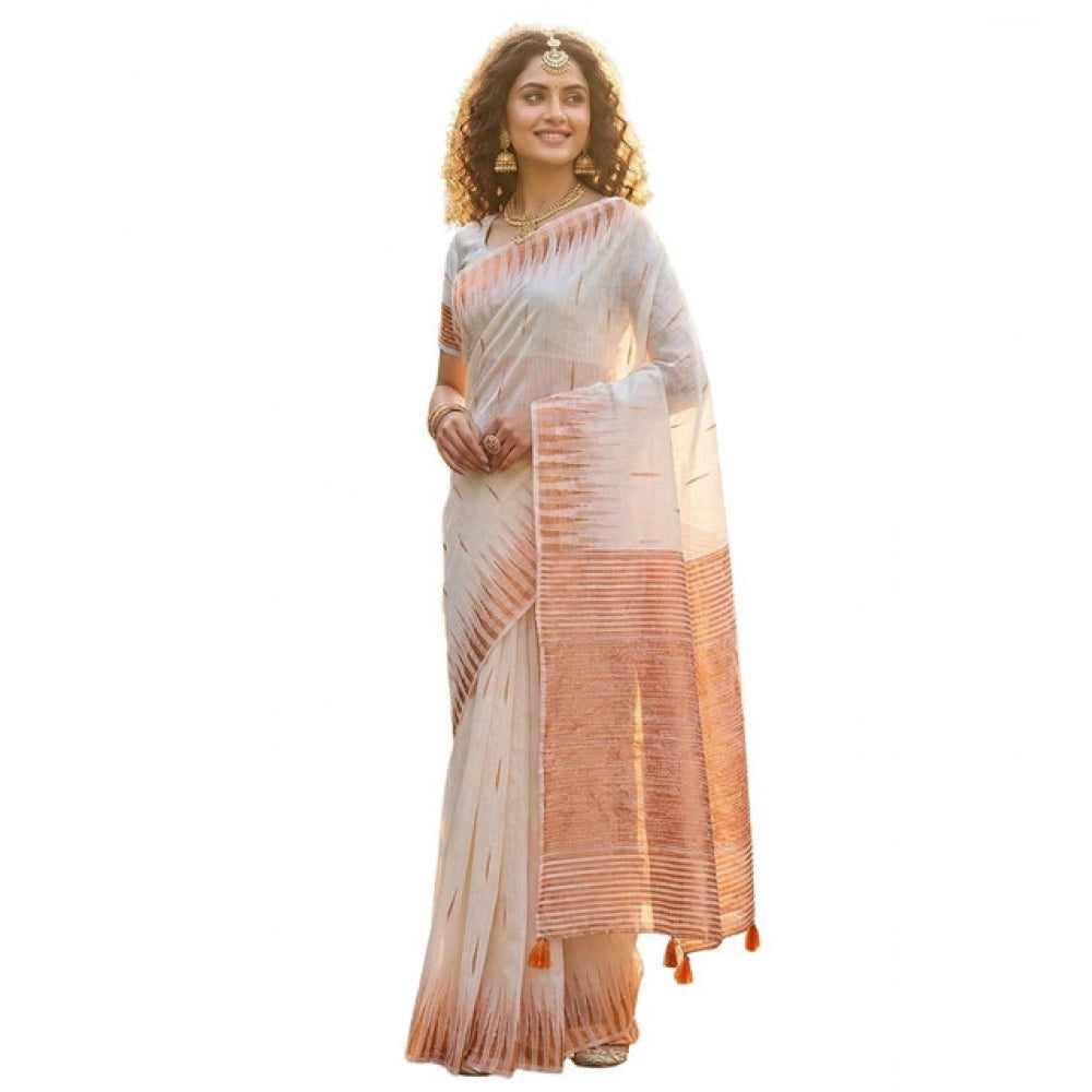 Women's Linen Cotton Printed Saree — White · 2556